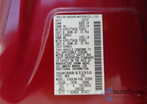 2008 Nissan Pathfinder S z USA, uszkodzony, nr VIN 5N1AR18U68C635950